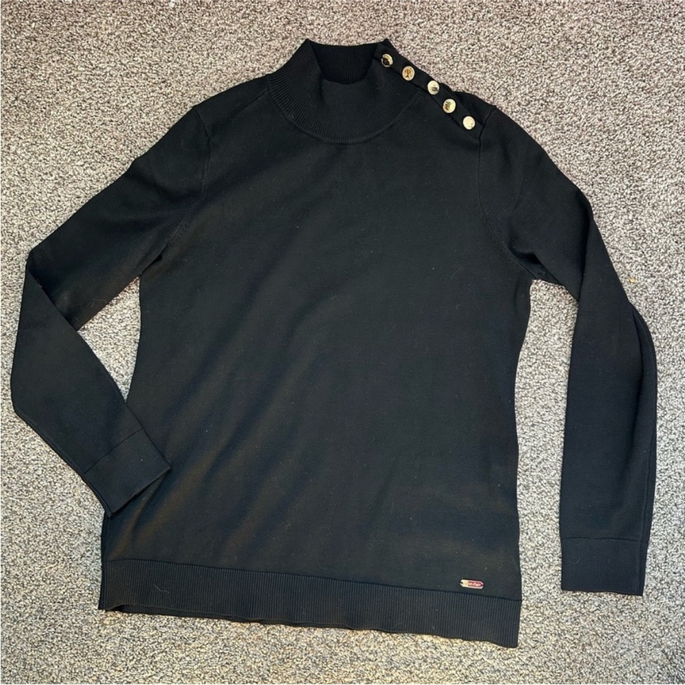 Calvin Klein Collection Black Turtleneck with Gold Button Detail